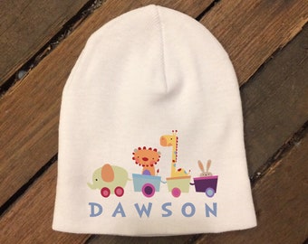 Personalized Newborn Cap Hat - Newborn Gift - Baby Beanie - New Baby - Animal Train