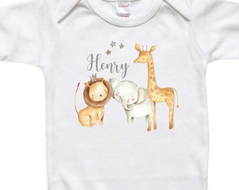 Personalized Baby Bodysuit - Toddler Shirt Tshirt - Jungle Animals - Baby Animals Lion Giraffe Elephant