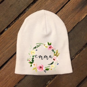 Personalized Newborn Cap Hat - Newborn Gift - Baby Beanie - New Baby -Floral Wreath