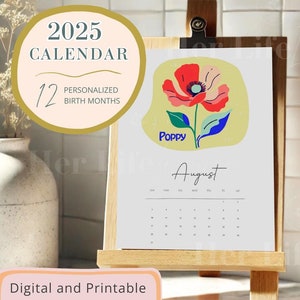 2025 bureaukalender gepersonaliseerde geboortemaand bloem, matisse muurkunst digitale planner, milieuvriendelijke mini cottage core digitale download