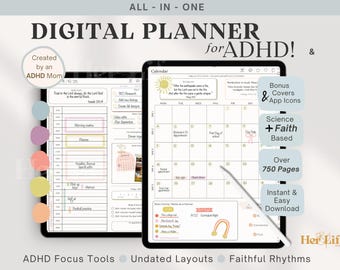 May include: Digital planner for ADHD with undated layouts, ADHD focus tools, and faithful rhythms. The planner includes bonus covers and app icons, is science and faith-based, and has over 750 pages. Instant and easy download.