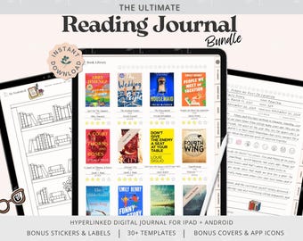 Diario de lectura digital, reseñas de libros para Goodnotes, registro de lectura de la biblioteca, pegatinas para el planificador de libros, rastreador de estanterías Notability