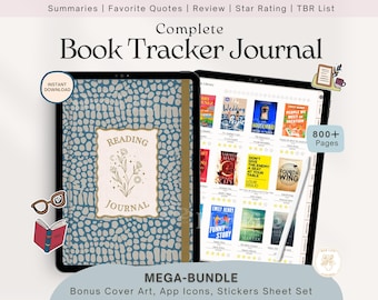 May include: A digital book tracker journal with a blue and gold cover featuring a floral design and the words "Reading Journal." The journal includes over 800 pages and a mega-bundle of bonus content. The image also shows a tablet displaying book covers.