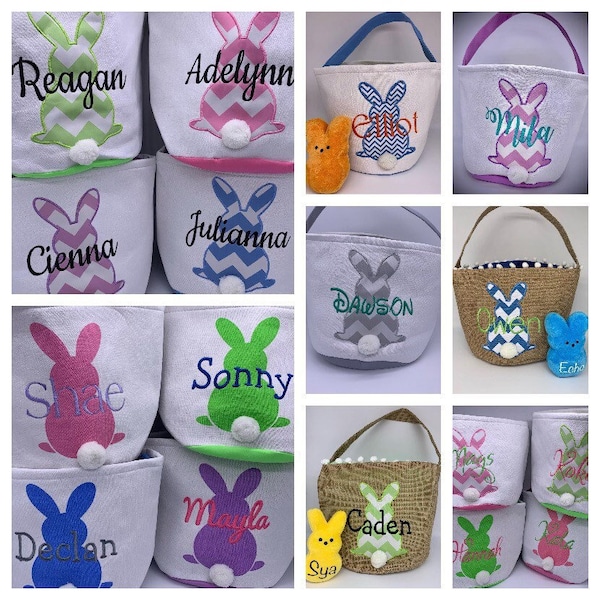 Easter Bucket  Tote, Toy bucket - Personalized Monogrammed name  Basket  White canvas pom pom JUTE tail 6 bucket styles lots of colors