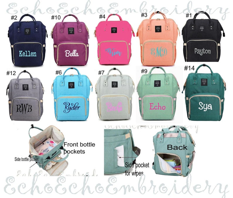 Diaper bag, Nappy, Baby Bag. Backpack PERSONALIZED  name monogram embroidered 12 Color options