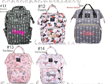 Diaper bag, Nappy, Baby Bag. Backpack PERSONALIZED  name monogram embroidered Unicorn, Fox, Deer, Cactus,  Llama, Arrow, flowers, Feather