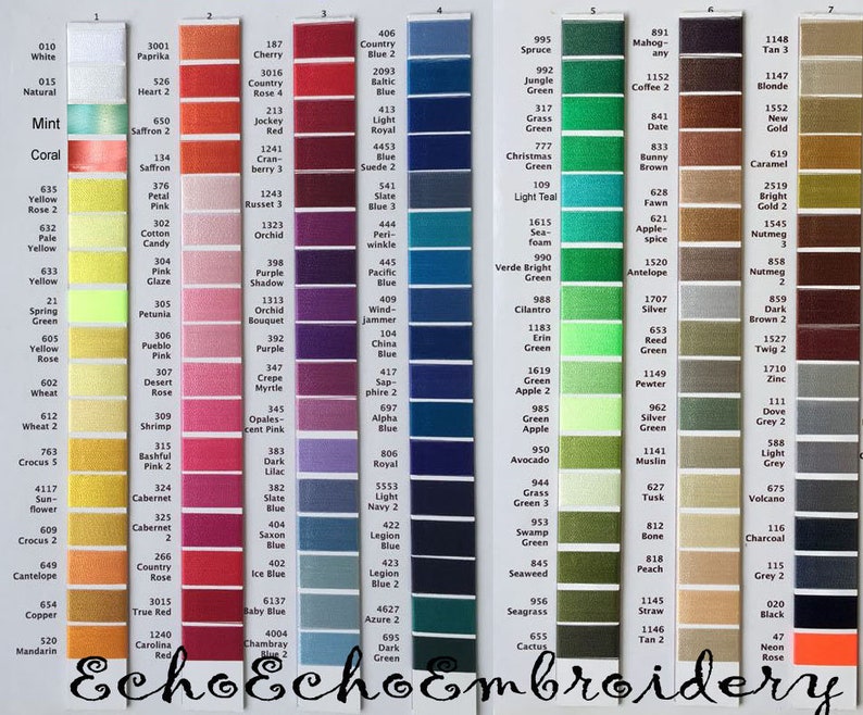May include: A color chart of embroidery floss with over 100 different colors. The floss is organized by color family, with each color having a corresponding number and name. The chart is labeled "Echo Echo Embroidery".