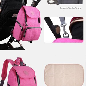 May include: Pink diaper bag backpack with multiple pockets and a changing mat. The bag has stroller straps and a wet bag.