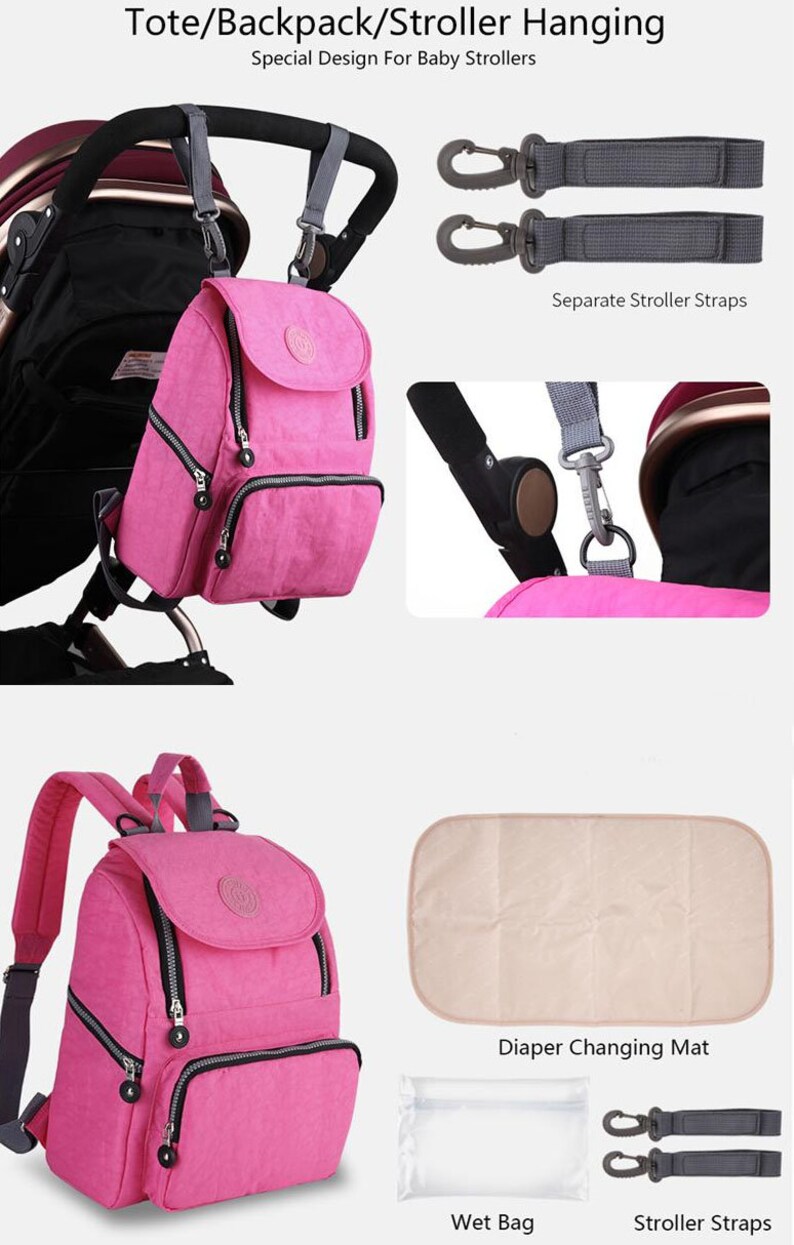 May include: Pink diaper bag backpack with multiple pockets and a changing mat. The bag has stroller straps and a wet bag.