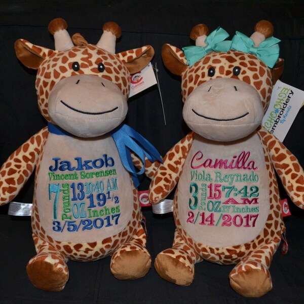 Birth Announcement Baby Keepsake GIRAFFE  Plush Stuffed Animal Cubbie Personalized Embroidered