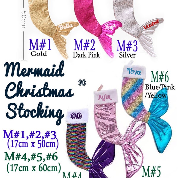 Mermaid Stocking personalized embroidered monogrammed name.  6 color options, glitter!  Flip sequin   Christmas