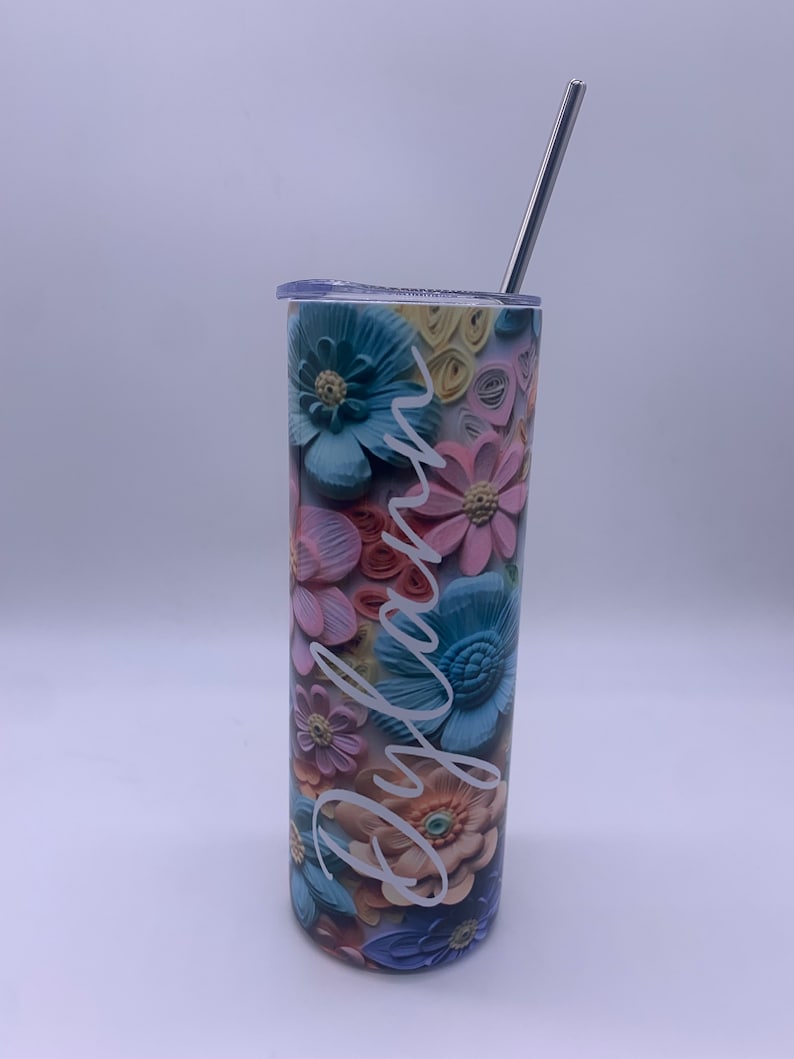 Flowers Pastel 3d Water Bottle 20oz Skinny Tumbler with straw and slide shut lid. Personalized Spring Time floral design personalized Name image 2
