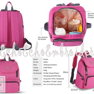 May include: Pink waterproof nylon diaper bag backpack with multiple pockets and a changing mat. The bag has a zippered main compartment, two front pockets, and two side pockets. The bag measures 26 inches wide, 12.5 inches deep, and 30 inches tall.