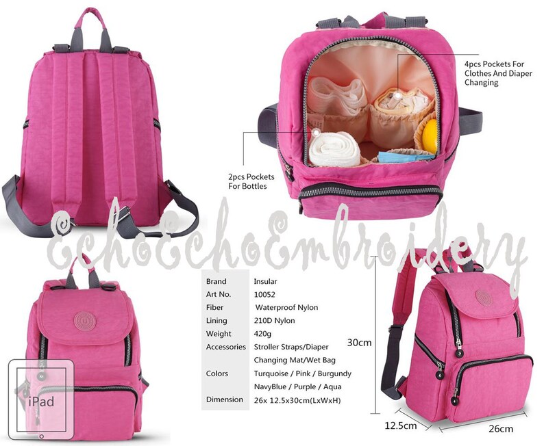 May include: Pink waterproof nylon diaper bag backpack with multiple pockets and a changing mat. The bag has a zippered main compartment, two front pockets, and two side pockets. The bag measures 26 inches wide, 12.5 inches deep, and 30 inches tall.