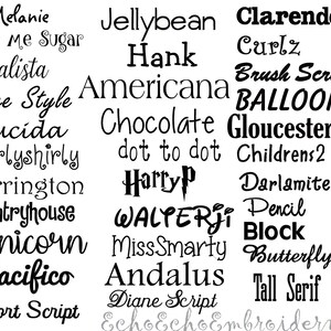 May include: A black and white image with a list of font names. The font names are in different styles and sizes. The image also includes instructions for creating a monogram with the options to choose from A, B, C, E, G, and D. The center letter is the last name and the initials are in order (first, last, middle).