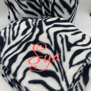 Blanket Fleece Zebra blanket. or Solid colors Red, Blue, Green, Navy, Black, Gray Adult size 50&quot;X60&quot;  Personalize it with monogram name