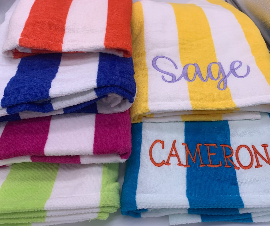 Beach Towel, Personalized Embroidered Name. 6 Colors Second Towel Style
