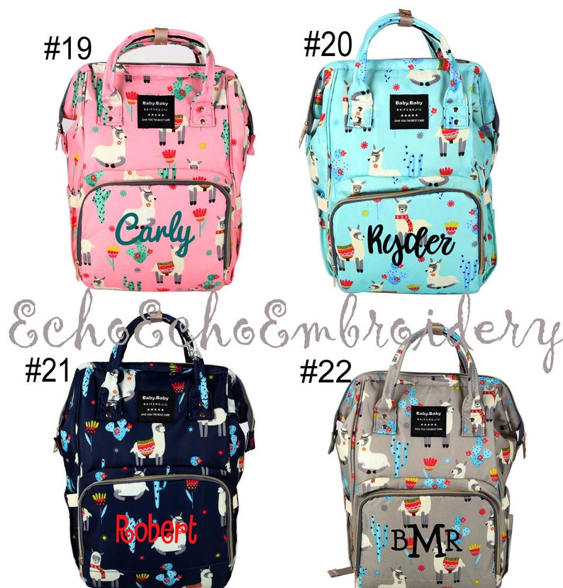 May include: Four different diaper bags with llama designs. Each bag has a different color and a personalized name on the front. The names are Carly, Ryder, Robert, and BMR.