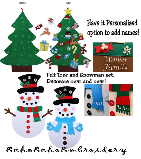 DIY Felt Snowman or Christmas Tree Wall Hang Game Kids Toy Decoration.  Option to Have It Personalized With Names 