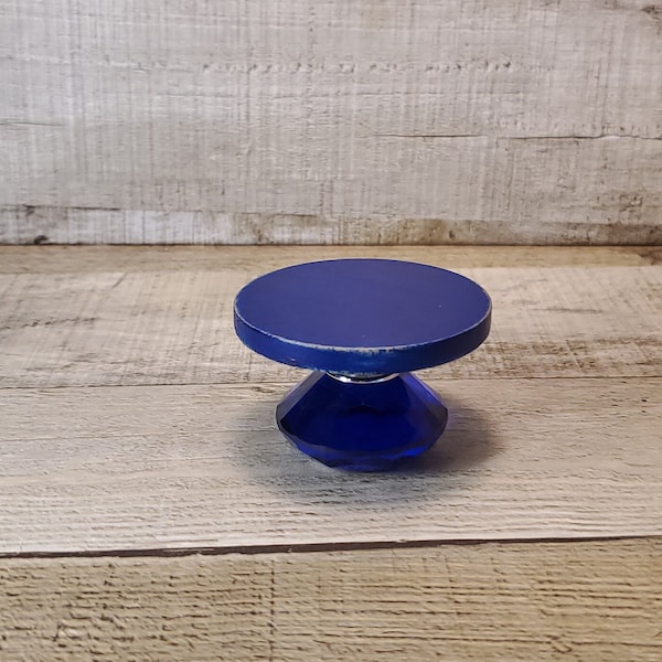 itty-bitty Dark Blue Pedestal, Round Glass Base Wood Riser, Riser For Miniature Decor, Blue Riser, Mini Tiered Tray Riser, 2 3/8" Pedestal