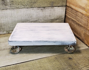 Rustic White Wood Riser, Wood Riser with Glass Feet, Tabletop Display Stand, Farmhouse Decor, Handmade Wooden Riser, Distressed Rustic Stand