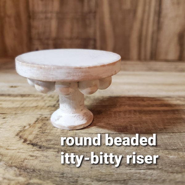 Round ITTY-BITTY Wood Beaded Riser, Miniature Decor Display, Tiny 2" White Pedestal, Mini Tiered Tray Riser, itty bitty Pedestal