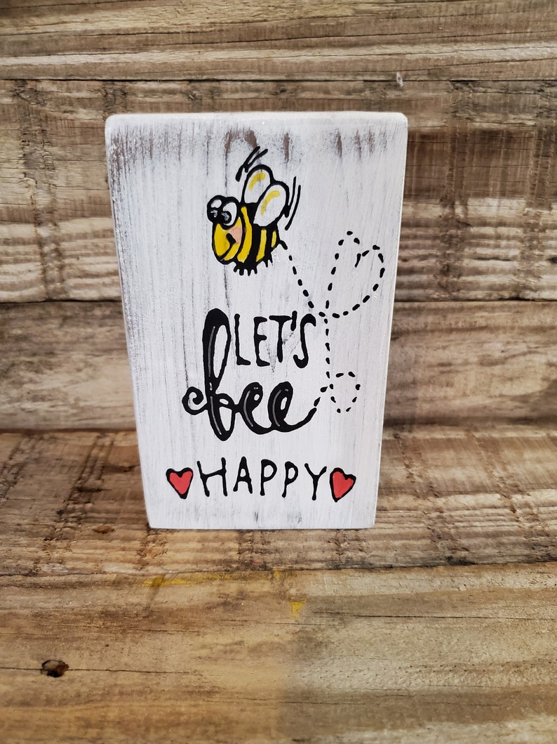 Let's Bee Happy Small wood block Bee Decor Tiered Tray image 0