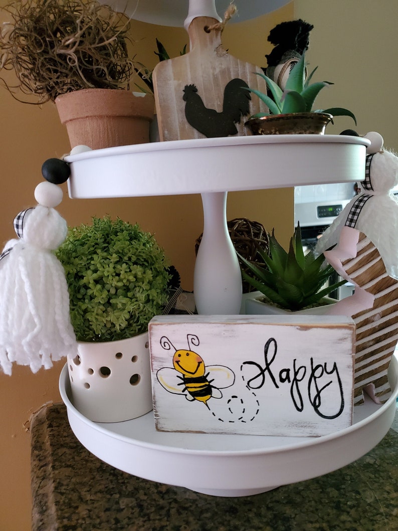 Bee Happy Small wood block Bee Decor Tiered Tray decor image 0