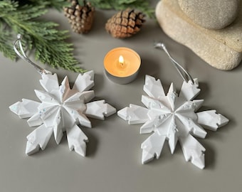 Handmade White Snowflake Ornaments - Minimal Nordic Christmas Decor - Matte Sculptural Pair