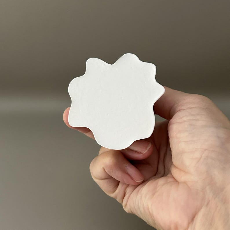 May include: A solid white, matte-finished object with an irregular, cloud-like or organic shape featuring multiple rounded lobes and smooth, curved edges. The surface appears flat and opaque, presenting a clean, uniform appearance throughout.