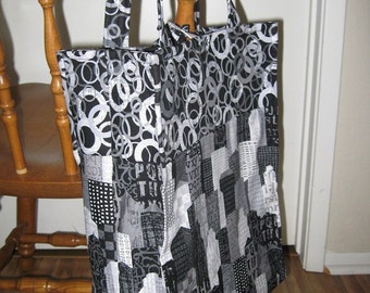 Shopping bag black, grey, and white cityscape fabric