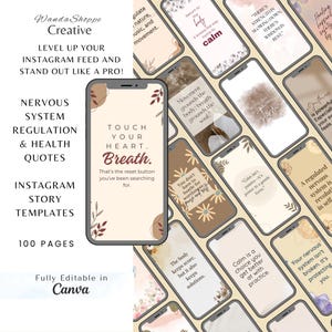 Pode incluir: Modelos de histórias do Instagram com citações sobre saúde e bem-estar. Os modelos apresentam uma paleta de cores neutras com designs florais e abstratos. O telefone principal exibe o texto "Touch Your Heart. Breath."