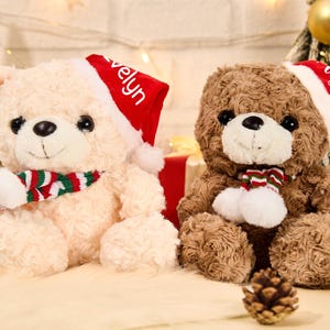 Op de afbeelding: Twee pluche teddyberen, één crème en één bruin, met kerstmutsen met namen en feestelijke sjaals. De beren zijn versierd voor Kerstmis, met een dennenappel voor de bruine beer.