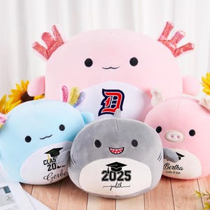 Könnte beinhalten: Eine Sammlung von Plüschtieren in Form eines Axolotls, eines Hais, eines Schweins und einer blauen Kreatur. Der Axolotl ist rosa mit glitzernden Akzenten, der Hai ist grau, das Schwein ist rosa und die blaue Kreatur hat Regenbogenakzente. Jedes hat eine Abschlusskappe und den Text "Class of 2025".