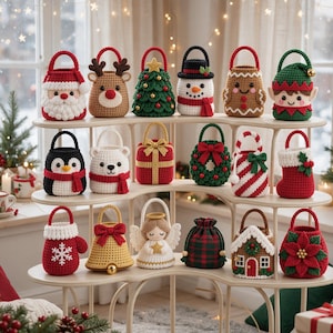 May include: A collection of seventeen small, crocheted holiday-themed baskets with handles, featuring designs such as Santa, a reindeer, a Christmas tree, a snowman, a gingerbread person, an elf, a penguin, a polar bear, a gift, a wreath, a candy cane, a stocking, a mitten, a bell, an angel, a plaid pouch, a gingerbread house, and a poinsettia.