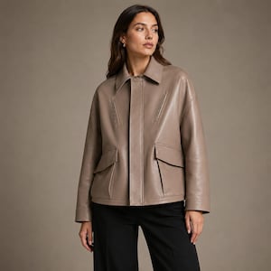 Women's Taupe Leather Utility Jacket | Genuine Leather Oversized Jacket | Minimalist Leather Coat | Modern | Casual Fall Jacket |