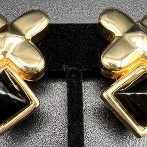 Vintage Les Bernard Clip Earrings: Gold Tone X & Black Diamond