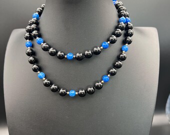 Onyx and Blue Stone 32 inch Necklace: Gold Tone Bead Accents, Polished Onyx