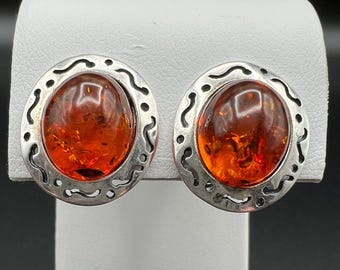 Vintage Amber Clip Earrings in Sterling Silver Setting