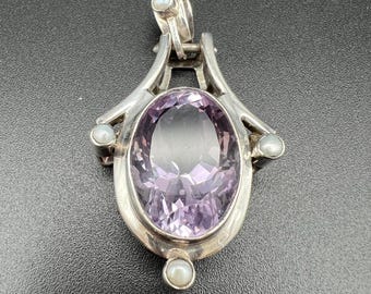 Unique Vintage Large Purple Amethyst Pendant in Sterling Silver Setting
