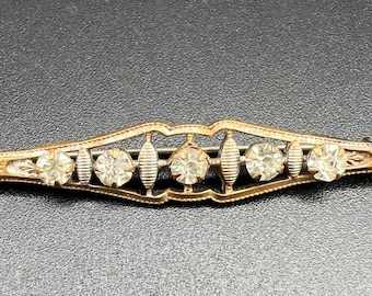 Antique Gold Tone Bar Pin Featuring 5 Rhinestones in Ornate Setting