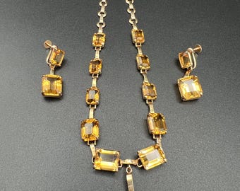 Vintage 14kt Gold and Emerald Cut Citrine Necklace and Screw Back Earring Set