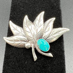 Vintage Leaf Brooch with Turquoise Accent set in Sterling Silver