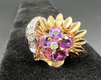 Rare Vintage Amethyst and Diamond Floral Ring in 14kt Gold Setting