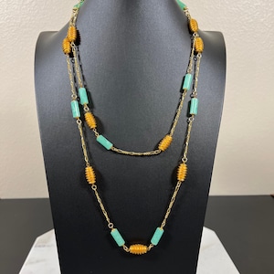 Cadoro Hallmarked Long Necklace with Green and Gold Tone Accent Beads