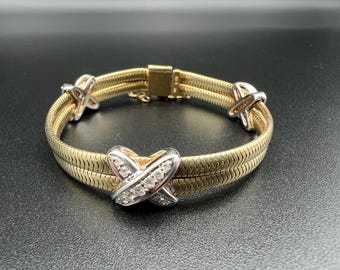 Vintage Double 14Kt Gold Snake Chain Bracelet with Three 10 Diamond "X's"