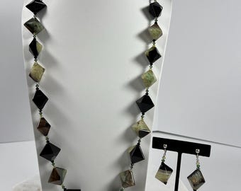 Vintage Multi-Stone Rhombus Shaped Necklace with Matching Clip Earrings and 925 Clasp