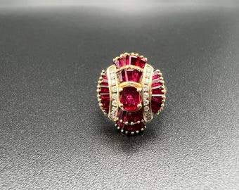 Rare and Vintage Genuine Ruby and Diamond Statement/Cocktail Ring in 18 Kt Gold: Appraisal Included