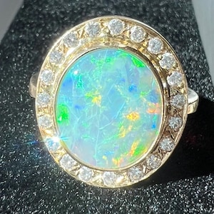 Vintage Crazed Opal Ring with Diamond Halo Set in 14 Kt Gold