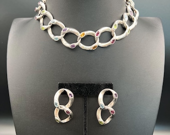 Vintage Twin Sterling Bracelet or Single Chocker Necklace with Matching Pierced Earrings Set